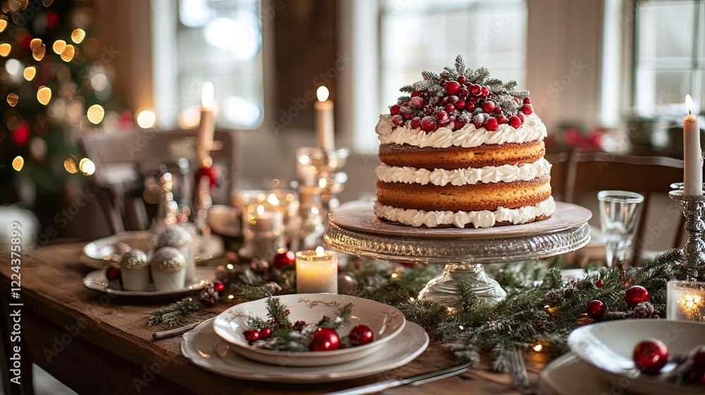 A rustic wooden table is framed by Christmas cake and holiday decorations. A rustic wooden table is framed by Christmas cake and holiday decorations.