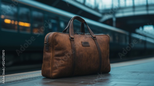 Traveller's leather bag stands proudly at bustling train station. photo