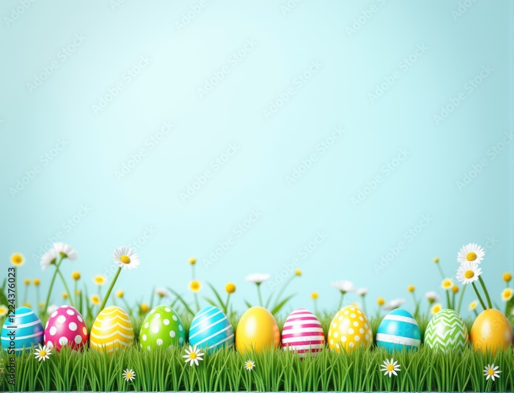 easter eggs and flower decorations in vibrant colours in a row on grass, empty blue background easter eggs and flower decorations in vibrant colours in a row on grass, empty blue background