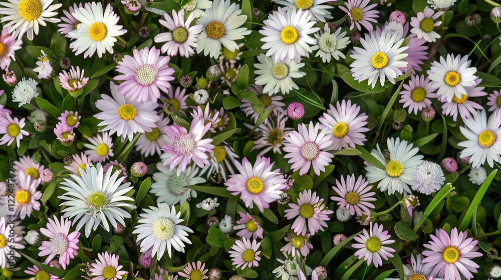 A charming spring background adorned with an array of spring flowers and delicate daisies. The vibrant colors and sweet scents of these blossoms create a refreshing and inviting atmosphere A charming spring background adorned with an array of spring flowers and delicate daisies. The vibrant colors and sweet scents of these blossoms create a refreshing and inviting atmosphere