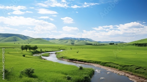 Tranquil River Meandering Through Lush Green Valley Landscape