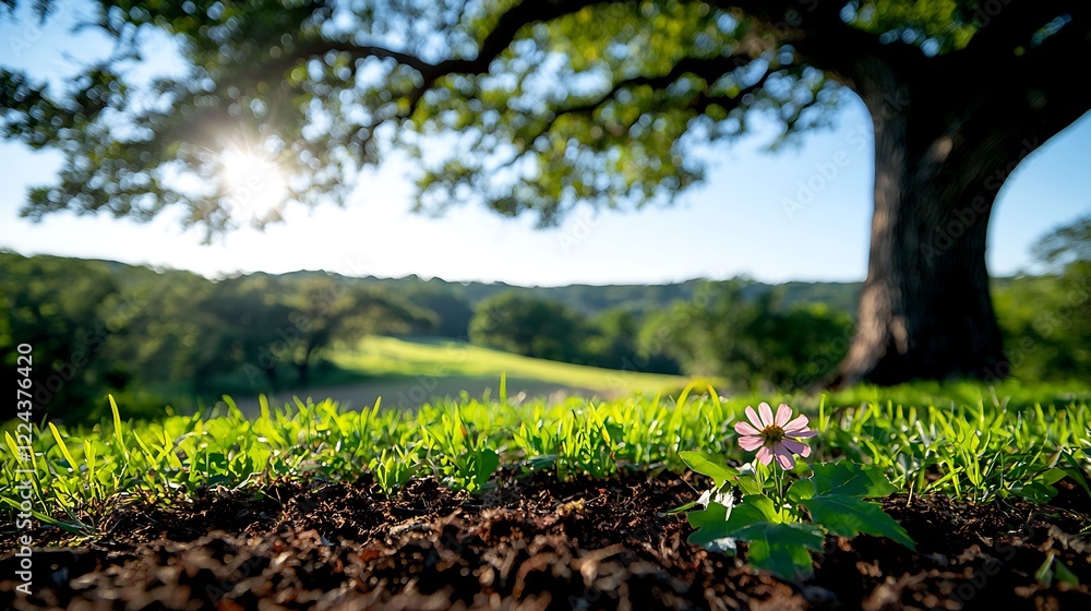 Obraz premium Close Up of a Delicate Wildflower in a Lush Green Field with a Majestic Oak Tree and Sunlit Landscape in the Background