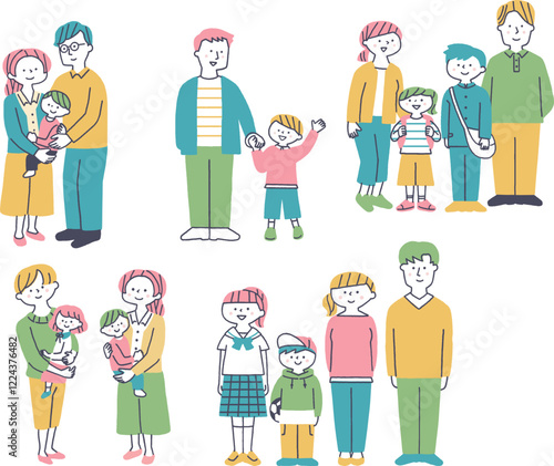 若い家族のシンプルなイラストセット