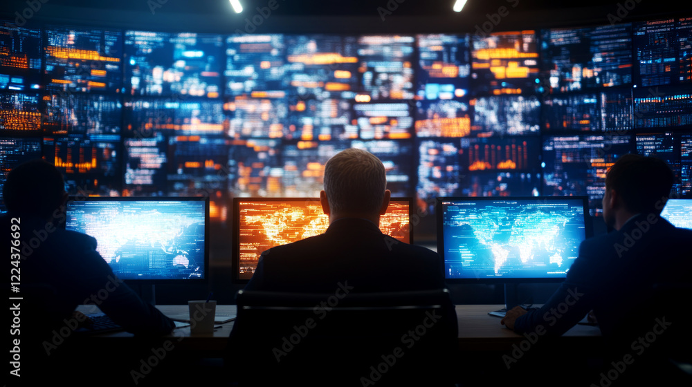 Fototapeta premium Data monitoring professionals analyzing security threats in a high-tech control room environment from a rear view perspective