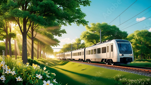 Minimalistic image of a train moving on rails in a spring forest, green trees, flowering plants and sunlight breaking through the foliage. photo