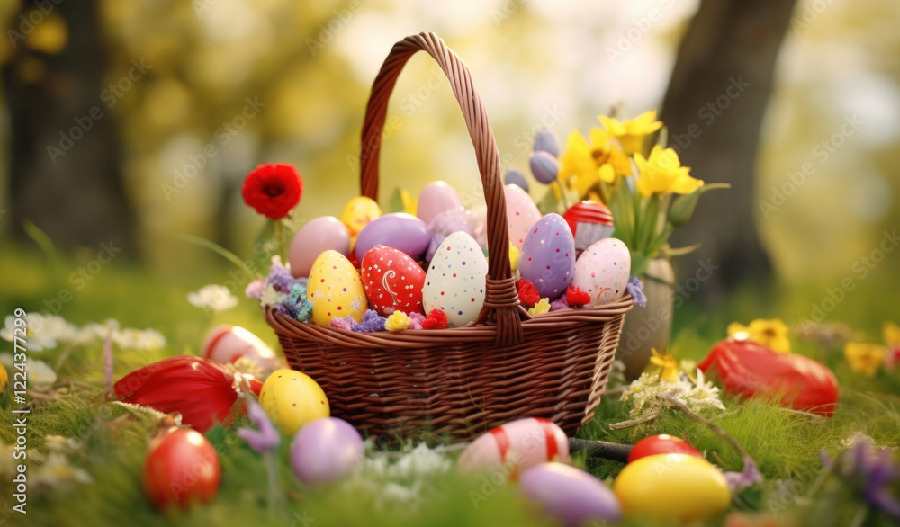 Vibrant Easter Basket with Colorful Eggs and Spring Flowers on Moss Vibrant Easter Basket with Colorful Eggs and Spring Flowers on Moss