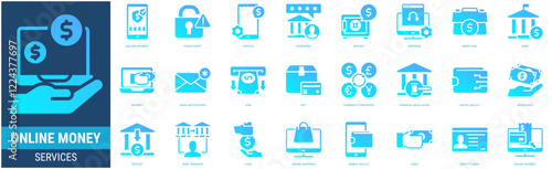 Online Money Services Icon set with payment,bank,briefcase,services,deposit,password,fintech,fraud alert,secure payment,email notification,gift,atm,currency converter and financial regulation