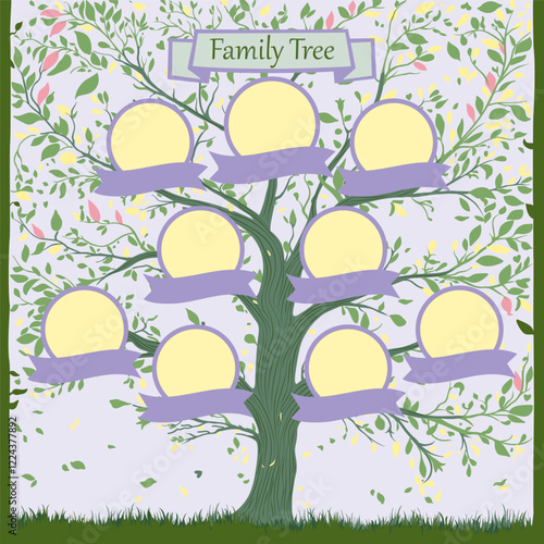 Family tree with decorative leaves in green tones. Family tree of three generation. Grandparents, parents, children. Vector illustration. A beautifully crafted family tree illustration with banners