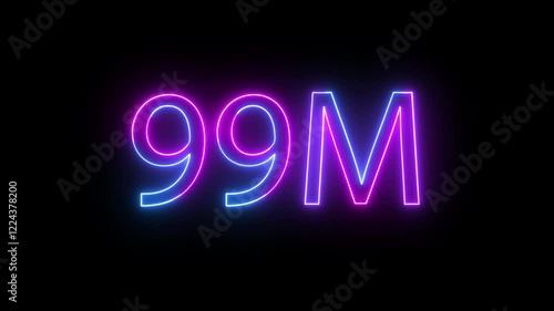 pink blue color neon glowing 99M text icon animation number sign symbol on black background  photo