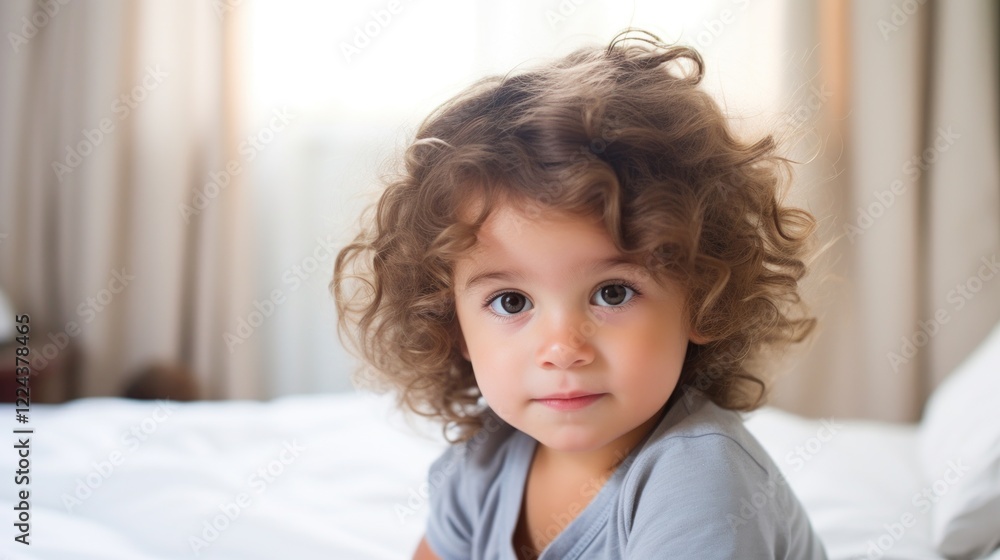 Smiling Toddler with Curly Hair and Blue Eyes in Gentle Morning Light Smiling Toddler with Curly Hair and Blue Eyes in Gentle Morning Light