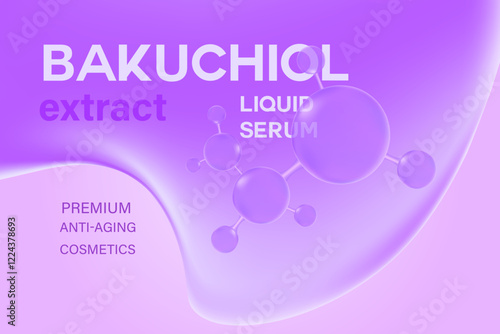 Glowing 3d liquid serum texture, bakuchiol molecule formula with flowing close up fluid blob shape background. Light pink beauty wallpaper with copy space. Aesthetic premium cosmetics banner or poster