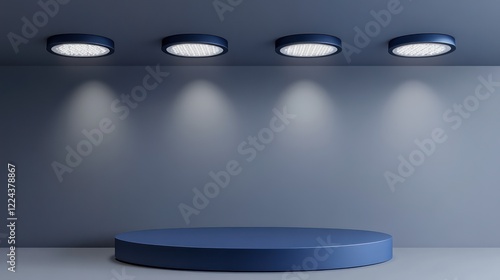 Minimalist Blue Platform with Spotlights:  Modern Empty Stage with Circular Lights