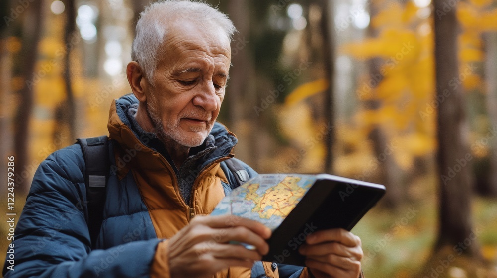 Senior Man Hiking in Autumn Forest, Using Map and Tablet for Navigation Senior Man Hiking in Autumn Forest, Using Map and Tablet for Navigation