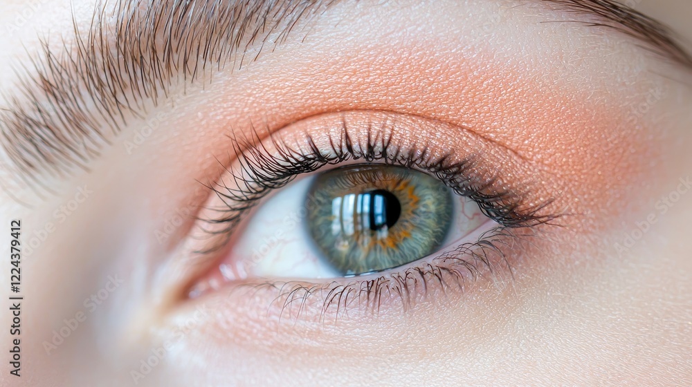 Obraz premium Close-up of a woman's eye with peach eyeshadow