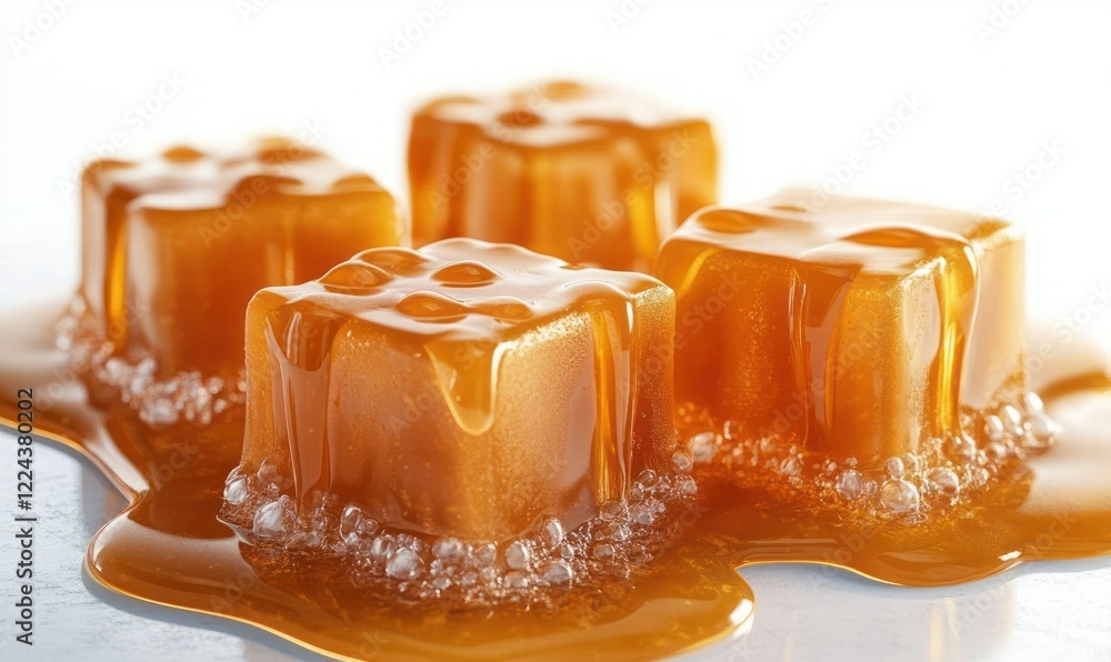 Rich Glossy Caramel Candy Cubes with Golden Syrup and Sea Salt on White Background Rich Glossy Caramel Candy Cubes with Golden Syrup and Sea Salt on White Background