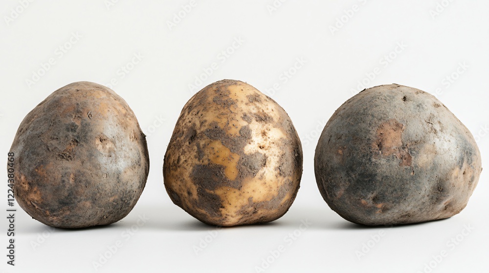Three freshly harvested dirty potatoes on a white background Three freshly harvested dirty potatoes on a white background