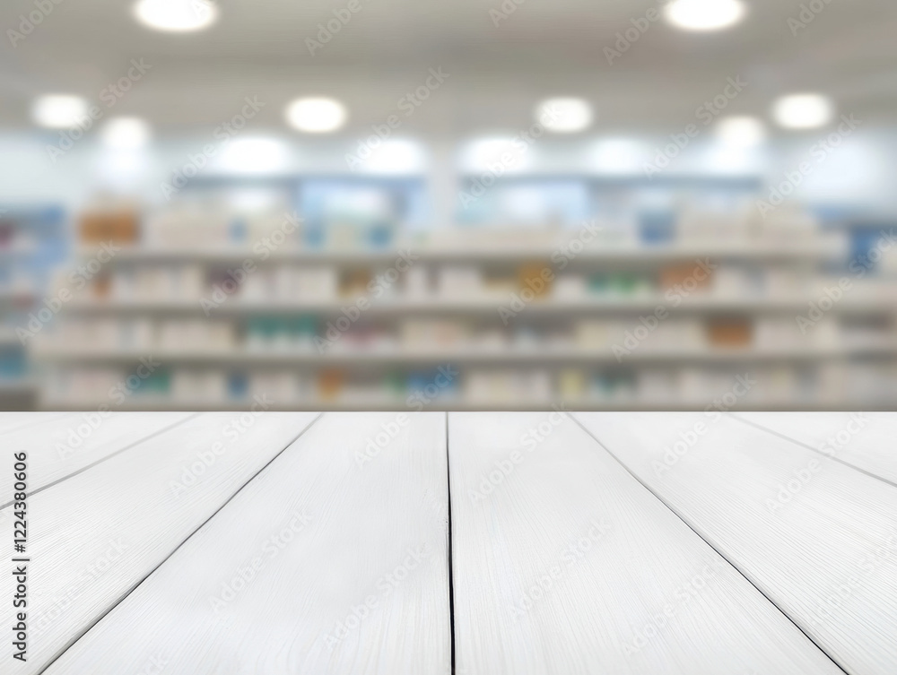 Obraz premium a white countertop with a pharmacy blurred in the background
