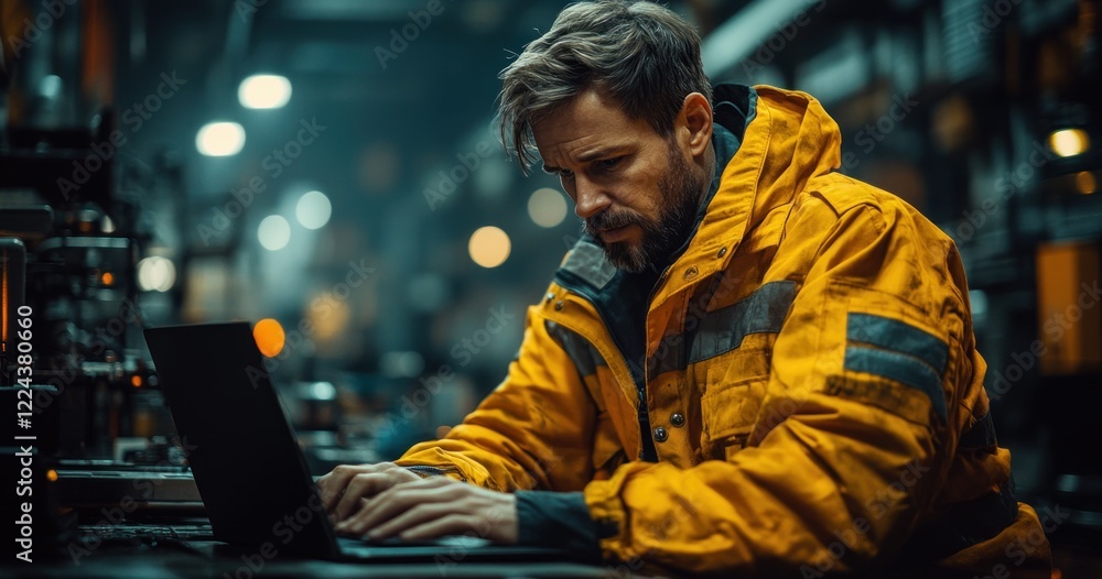 Fototapeta premium Industrial Technician Inspecting Plant Equipment with Laptop in High-Tech Environment