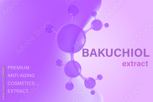 Glowing 3d liquid serum texture, bakuchiol molecule icon with flowing close up fluid blob shape background. Light violet beauty wallpaper with copy space. Aesthetic premium cosmetics banner or poster