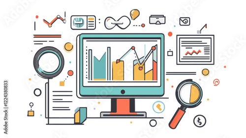 Colorful SEO Analytics Concept Vector Image with Charts, Graphs, and Digital Marketing Icons