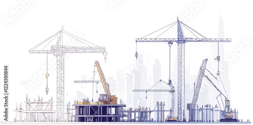 Minimalist City Construction Site with Tower Cranes and Building Equipment, Abstract Polygonal Vector Illustration, Flat SVG Design