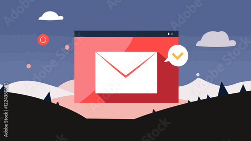Email Interface Vector Graphic in Modern Web Browser with Landscape Background for Business Communications and Digital Messaging Concepts
