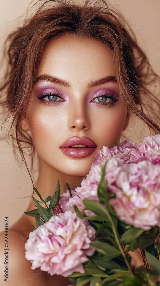 A beautiful woman radiates elegance with her captivating gaze and flawless makeup, framed by lush purple flowers. The soft background enhances her enchanting features, creating a serene atmosphere A beautiful woman radiates elegance with her captivating gaze and flawless makeup, framed by lush purple flowers. The soft background enhances her enchanting features, creating a serene atmosphere