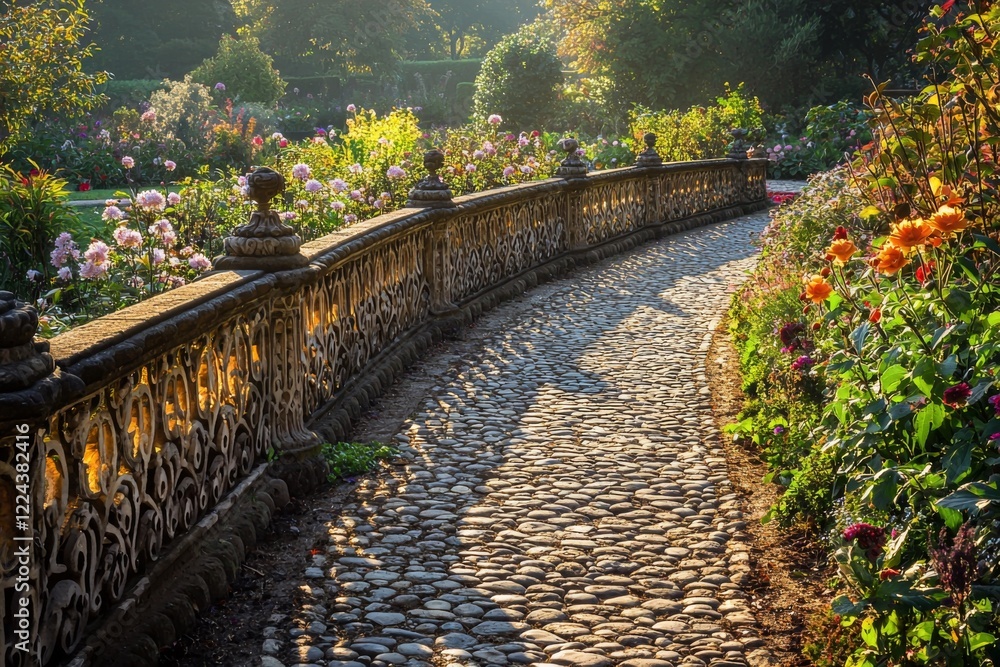 cobblestone walkway meandering through a garden, bordered by an intricately designed ornate fence, surrounded by blooming flowers cobblestone walkway meandering through a garden, bordered by an intricately designed ornate fence, surrounded by blooming flowers
