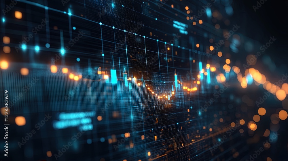 Obraz premium Holographic-style line chart glowing in blue and green, floating in a dark space with data labels