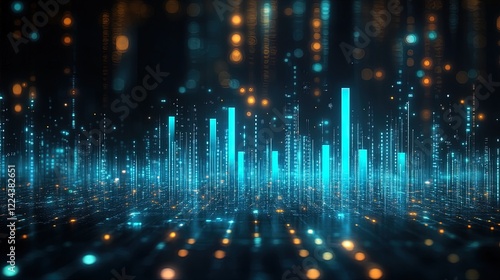 Wallpaper Mural Holographic-style line chart glowing in blue and green, floating in a dark space with data labels Torontodigital.ca