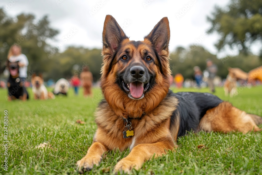 Naklejka premium German Shepherd Dog Lying on Grass in Park Enjoying Sunny Day