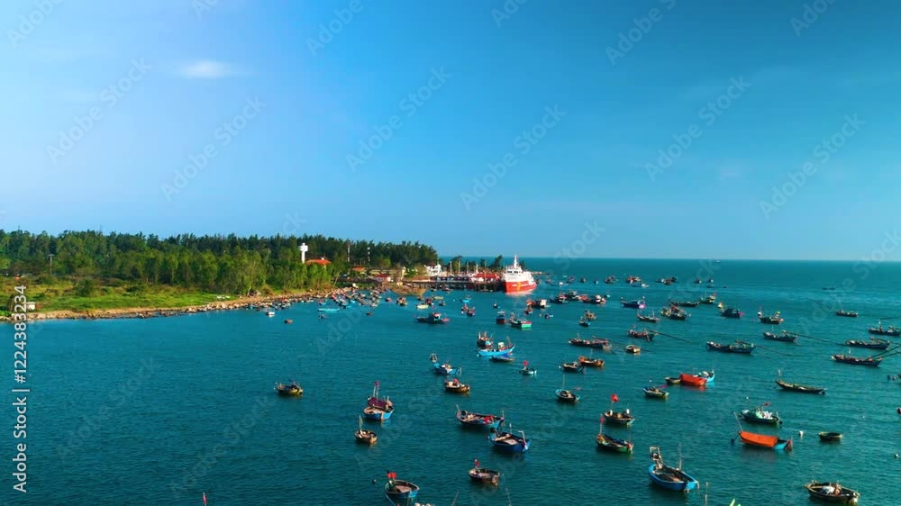 Crowded fishing harbor displaying vibrant vessels moored near verdant shoreline, large ship docking against pristine blue sky backdrop, capturing bustling maritime atmosphere Crowded fishing harbor displaying vibrant vessels moored near verdant shoreline, large ship docking against pristine blue sky backdrop, capturing bustling maritime atmosphere