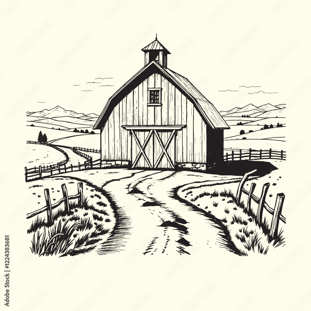 Fototapeta premium Hand-drawn farm ranch sketch line art illustration