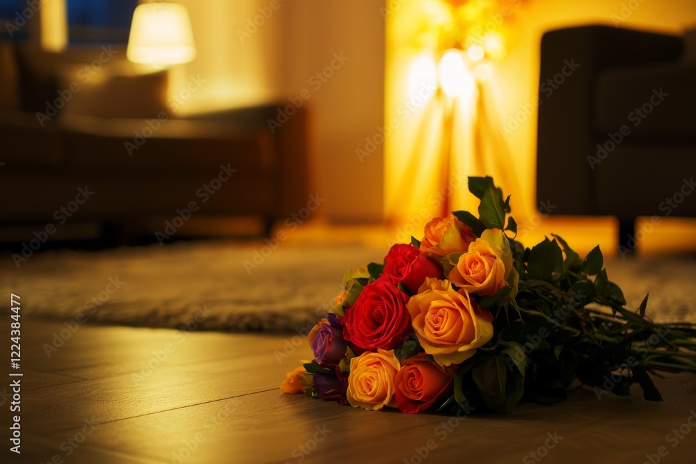 Fototapeta premium cheerful bouquet of colorful roses on the floor in the corner of a bright living room, enhancing the inviting and vibrant atmosphere