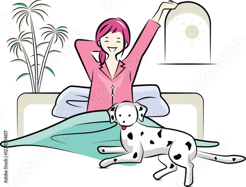 ベッドで起きる女性(ママ)と犬(ダルメシアン)爽やかな朝｜家族シリーズ