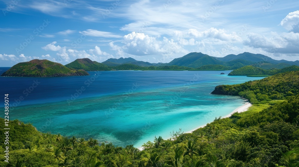Tropical island with a dense green forest, gently sloping beaches, and crystal-clear blue sea surrounding it. Tropical island with a dense green forest, gently sloping beaches, and crystal-clear blue sea surrounding it.