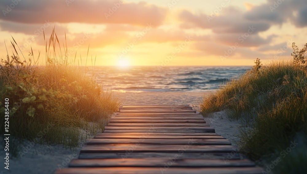 Obraz premium Wooden path leads to sunset ocean beach.
