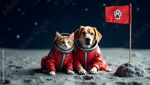 A Cat and Dog In shiny, Futuristic Silver Space Suit, A Fluffy Cat and A playful Dog Wearing Space Suit photo