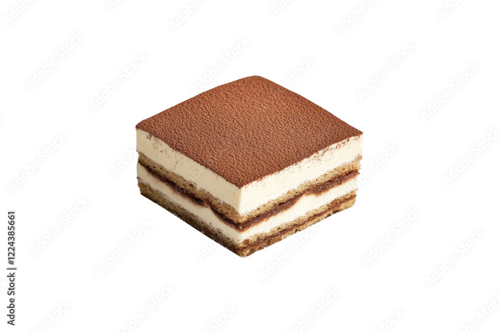 Tiramisu dessert with cocoa powder and layers of mascarpone cream isolated on white or transparent, PNG Tiramisu dessert with cocoa powder and layers of mascarpone cream isolated on white or transparent, PNG