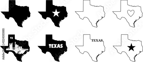 Vektor Silhouetten und Konturen Set - Texas USA Landkarte Bundesstaat im Süden - Grafik Design Element 