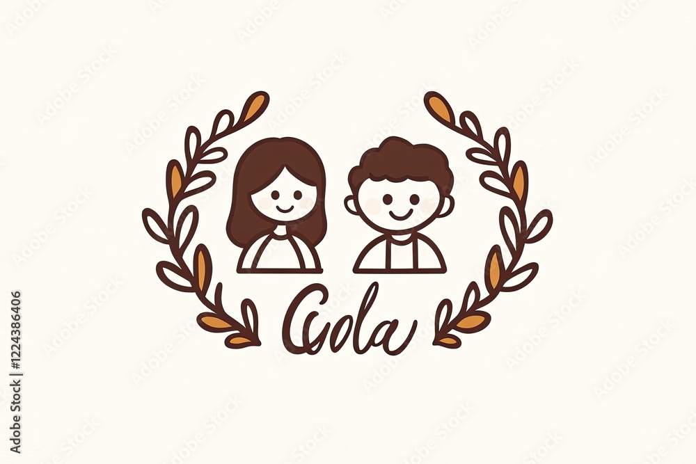 Charming hand-drawn illustration of two smiling characters surrounded by a decorative wreath, conveying warmth Charming hand-drawn illustration of two smiling characters surrounded by a decorative wreath, conveying warmth