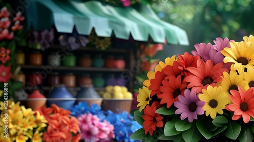 Wallpaper Mural Vibrant bouquet of flowers featuring bright orange, yellow, and red blooms, with a colorful market stall in the blurred background. Torontodigital.ca