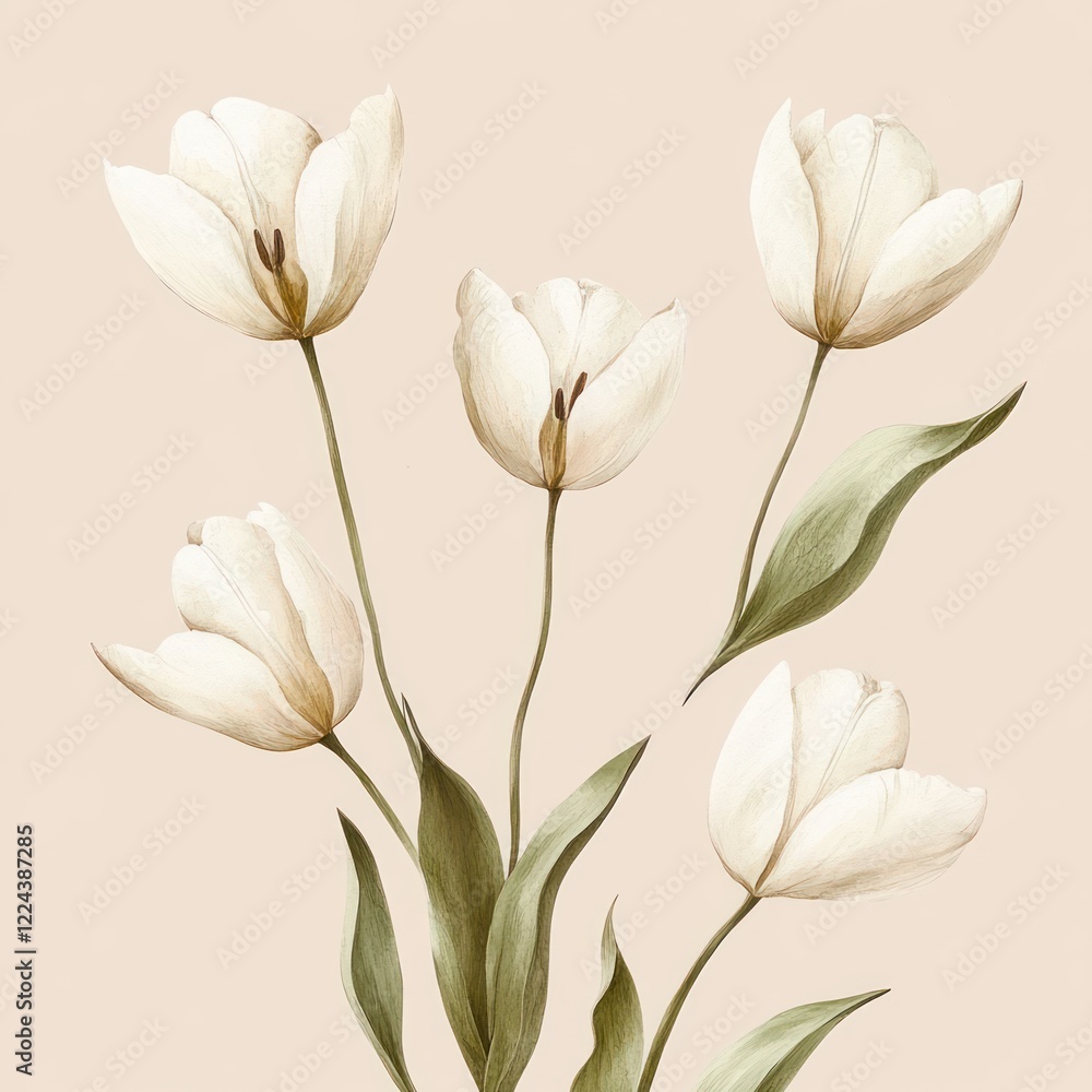 Fototapeta premium Watercolor Seamless Pattern of White Tulips on Beige Background