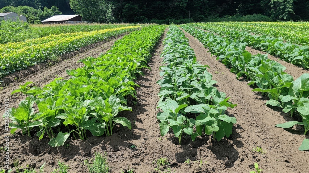 A busy farm with rows of crops such as corn, soybeans, and wheat growing side by side in neat rows under clear skies A busy farm with rows of crops such as corn, soybeans, and wheat growing side by side in neat rows under clear skies