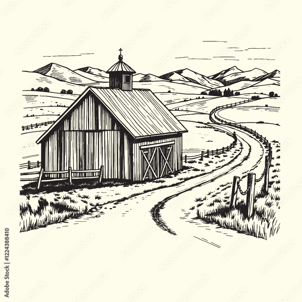 Fototapeta premium Hand-drawn farm ranch sketch line art illustration