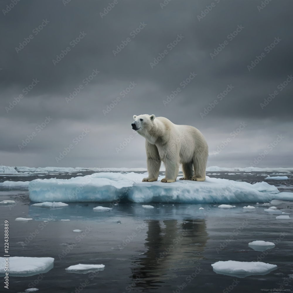A lonely polar bear standing on a melting iceberg under a bleak gray sky. A lonely polar bear standing on a melting iceberg under a bleak gray sky.