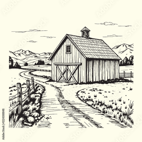 Hand-drawn farm ranch sketch line art illustration