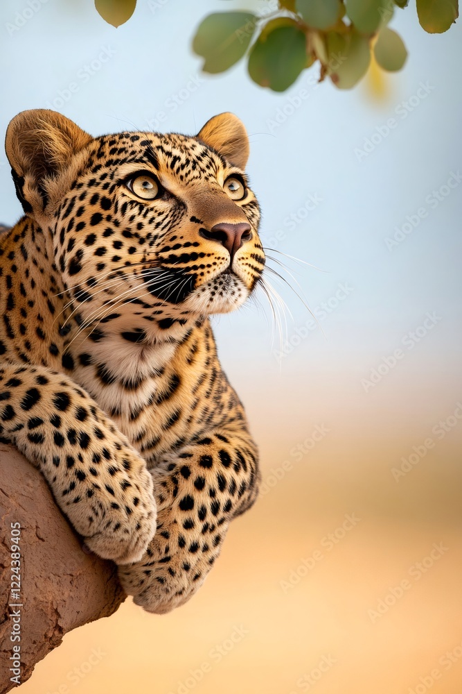 Fototapeta premium Leopard resting on a branch looking up in the sky