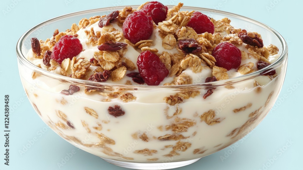 A bowl of homemade granola and yogurt, placed on a light blue background A bowl of homemade granola and yogurt, placed on a light blue background