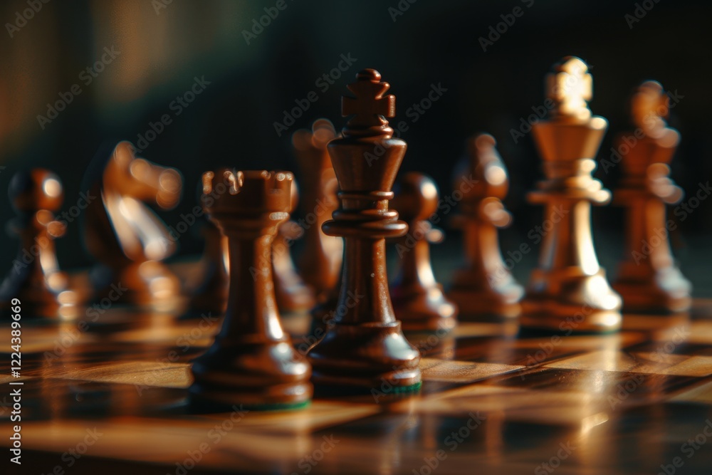 Chess pieces arranged on a wooden board with the king highlighted Chess pieces arranged on a wooden board with the king highlighted